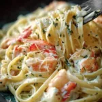 Delicious Seafood Linguine Alfredo garnished with fresh herbs and seafood.