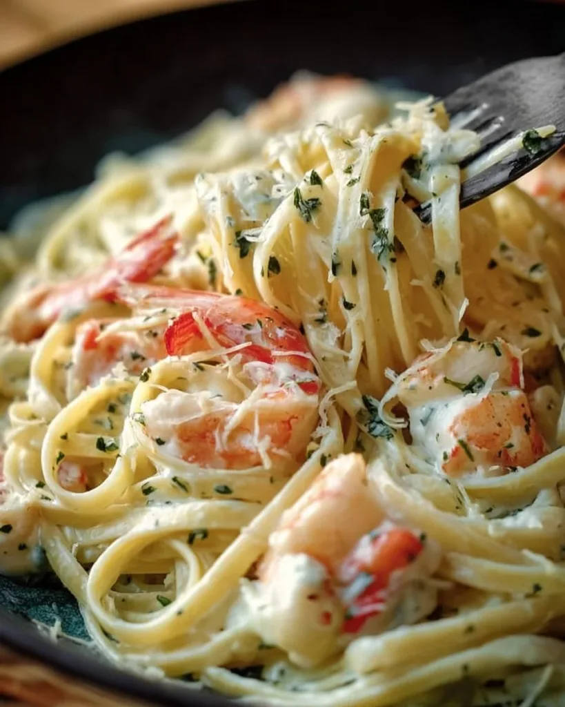 Seafood Linguine Alfredo Delicious Seafood Linguine Alfredo garnished with fresh herbs and seafood.