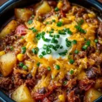 Slow Cooker Cowboy Casserole served in a bowl with toppings