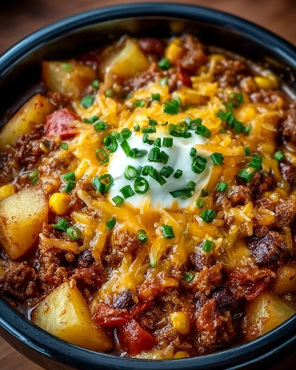 Slow Cooker Cowboy Casserole served in a bowl with toppings