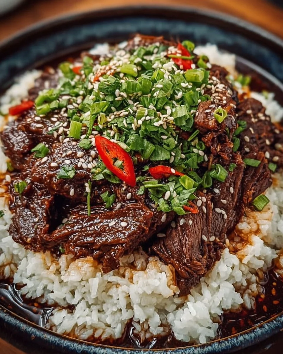 Delicious Slow Cooker Korean Beef served on a plate with garnishes.