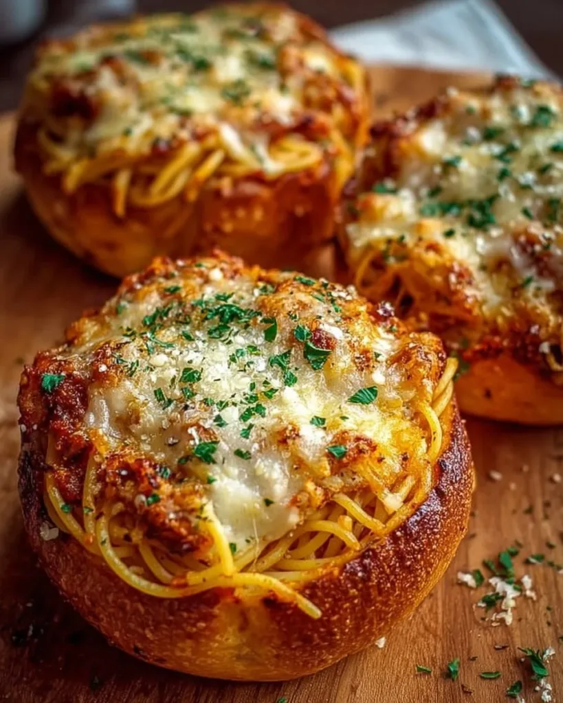 Spaghetti Garlic Bread Bowls Spaghetti garlic bread bowls filled with tasty pasta, a delicious meal idea.