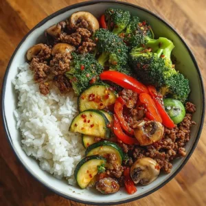 Spicy ground beef stir-fry bowl with garlic veggies and steamed rice