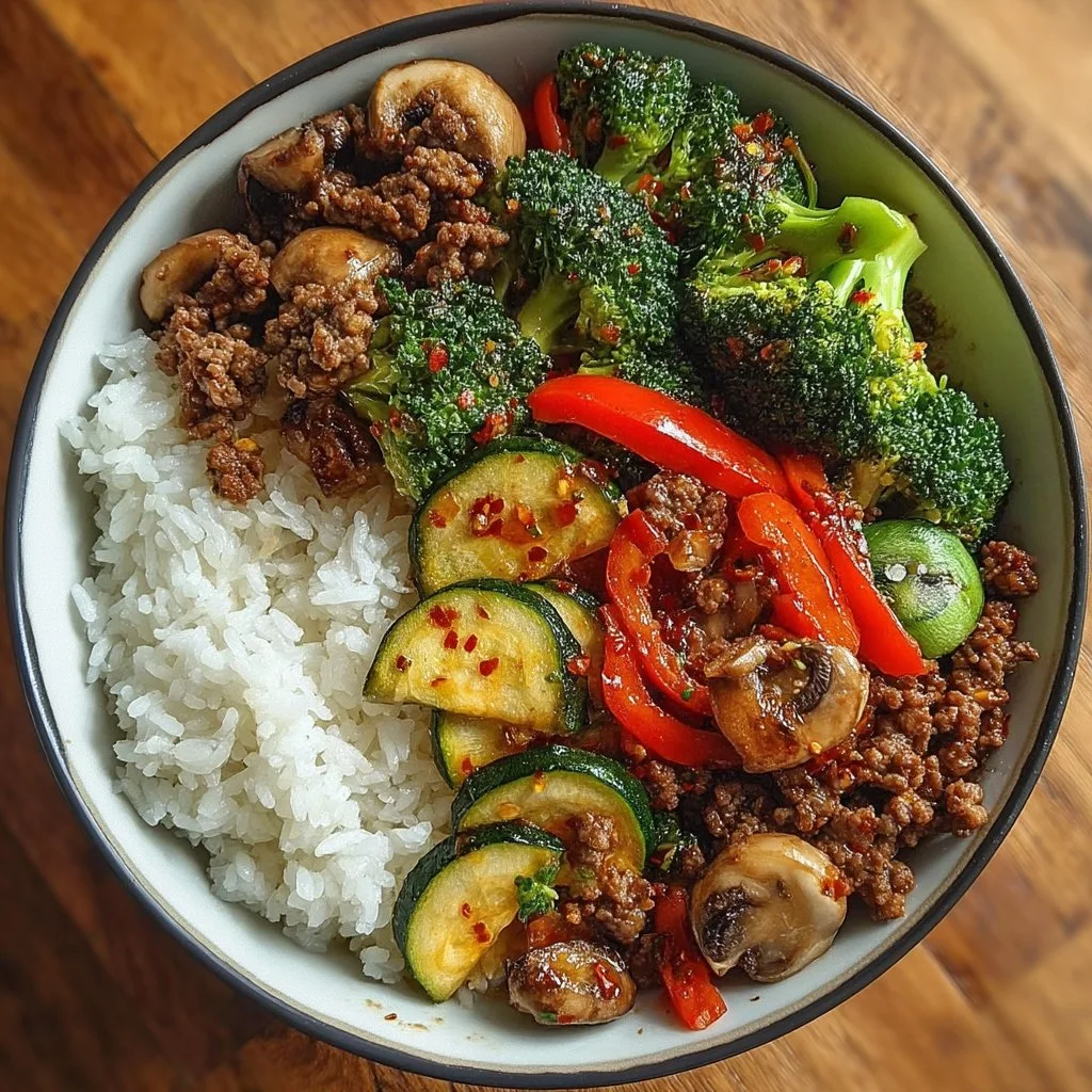 Spicy Ground Beef Stir-Fry Bowl with Garlic Veggies & Steamy Rice Spicy ground beef stir-fry bowl with garlic veggies and steamed rice