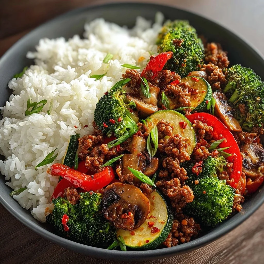 Spicy Ground Beef Stir-Fry Bowl with Garlic Veggies & Steamy Rice