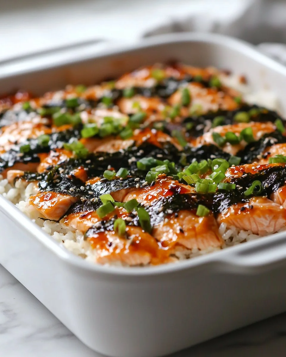 Delicious Spicy Salmon Sushi Bake served in a dish, garnished and ready to eat.