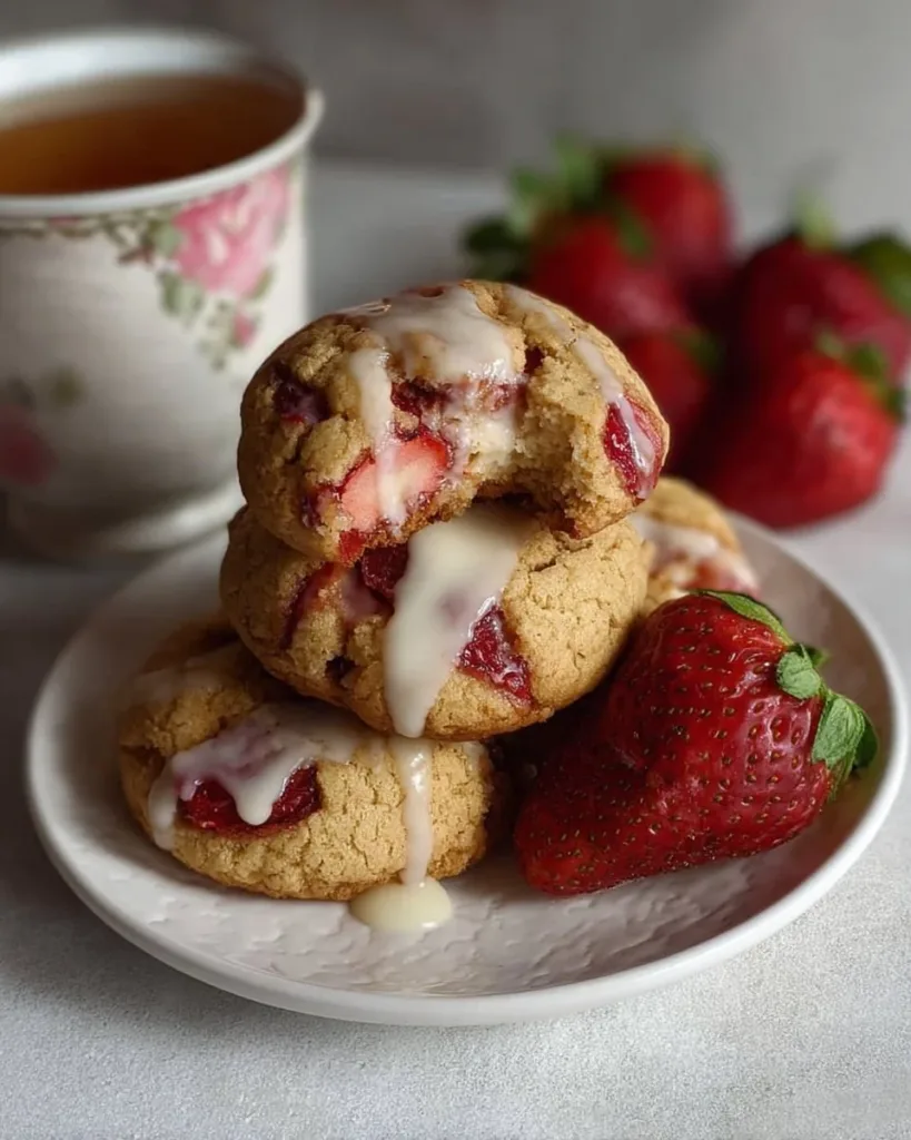 Strawberry Cheesecake Cookies Delicious strawberry cheesecake cookies with vibrant strawberry topping