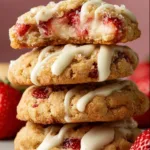 Strawberry cheesecake cookies on a plate with fresh strawberries