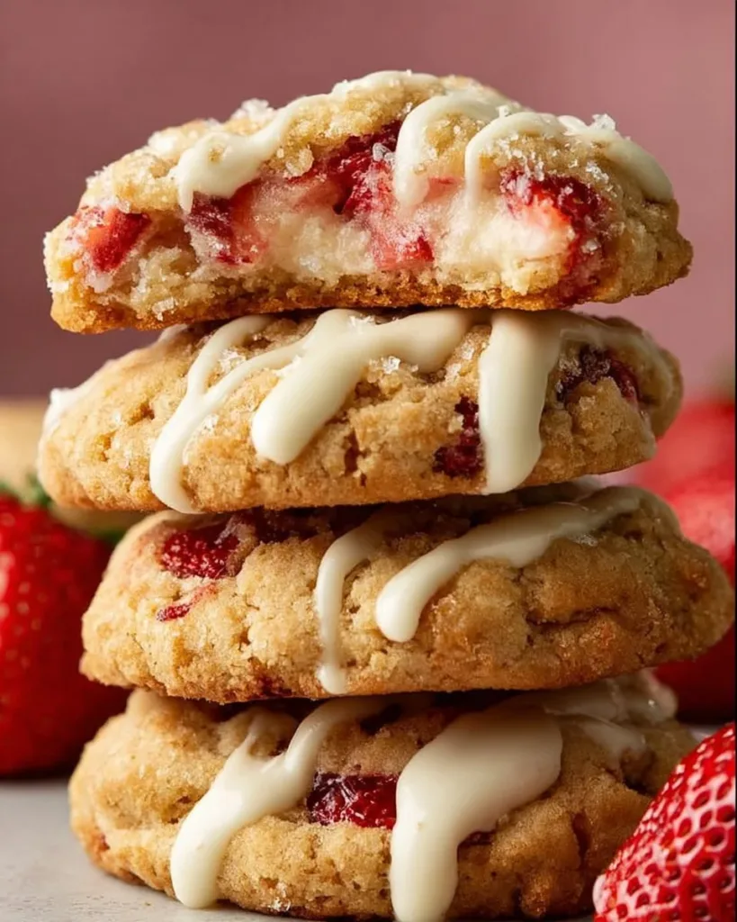 Strawberry Cheesecake Cookies Strawberry cheesecake cookies on a plate with fresh strawberries