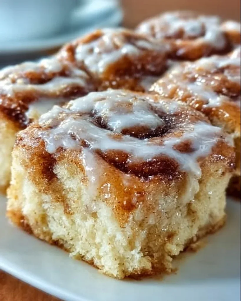 A delicious cinnamon roll cake topped with icing, ideal for dessert lovers.
