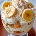 Creamy and delicious banana pudding in a serving dish, topped with whipped cream and bananas.