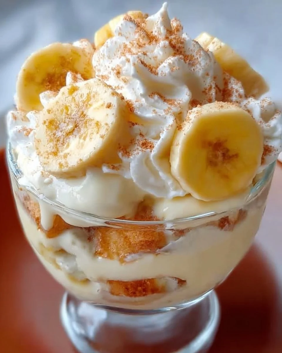 Creamy and delicious banana pudding in a serving dish, topped with whipped cream and bananas.