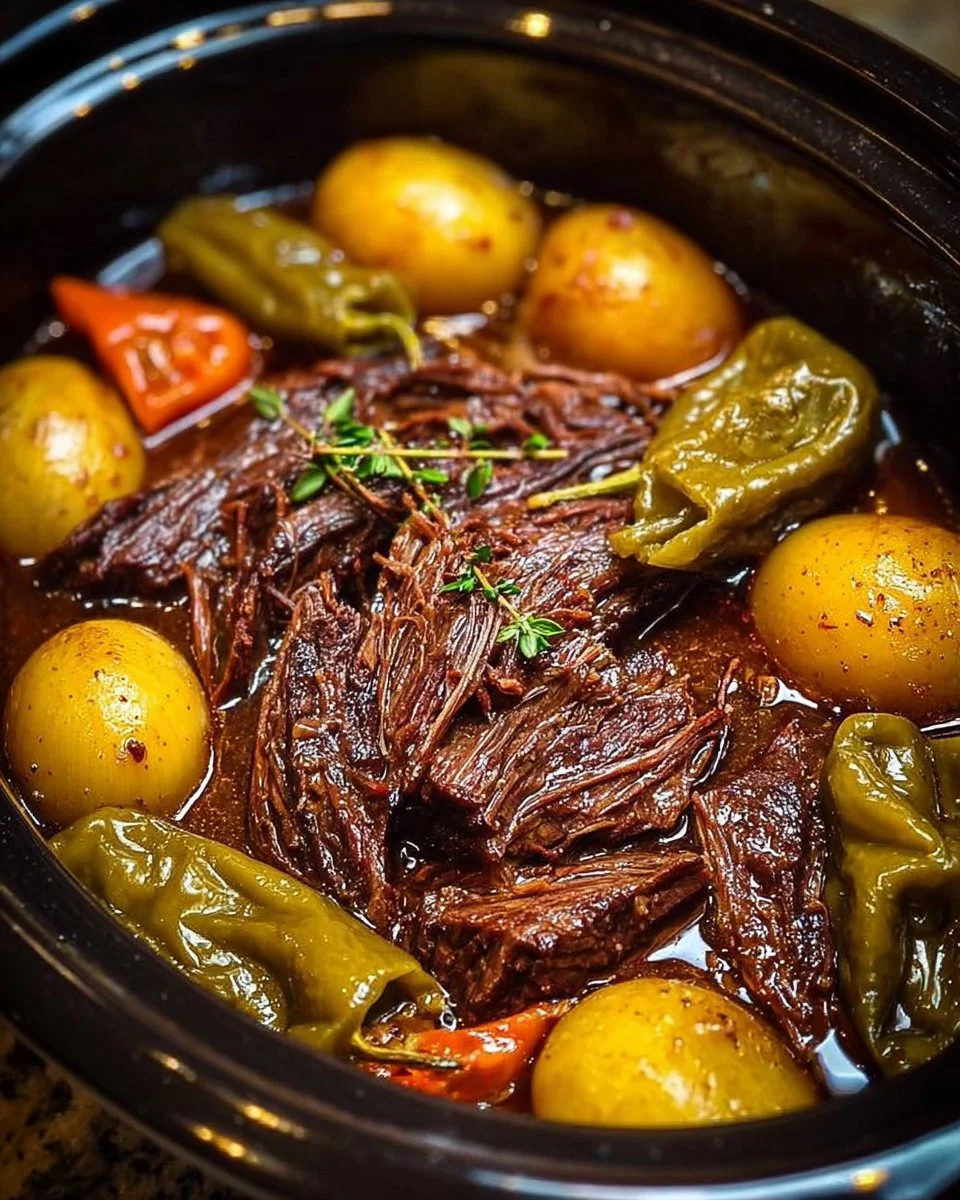 Delicious Mississippi Pot Roast served with sides on a rustic table