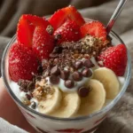 Delicious vanilla yogurt parfait layered with fruits and granola