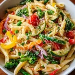 Vegetarian pasta primavera with a variety of fresh vegetables