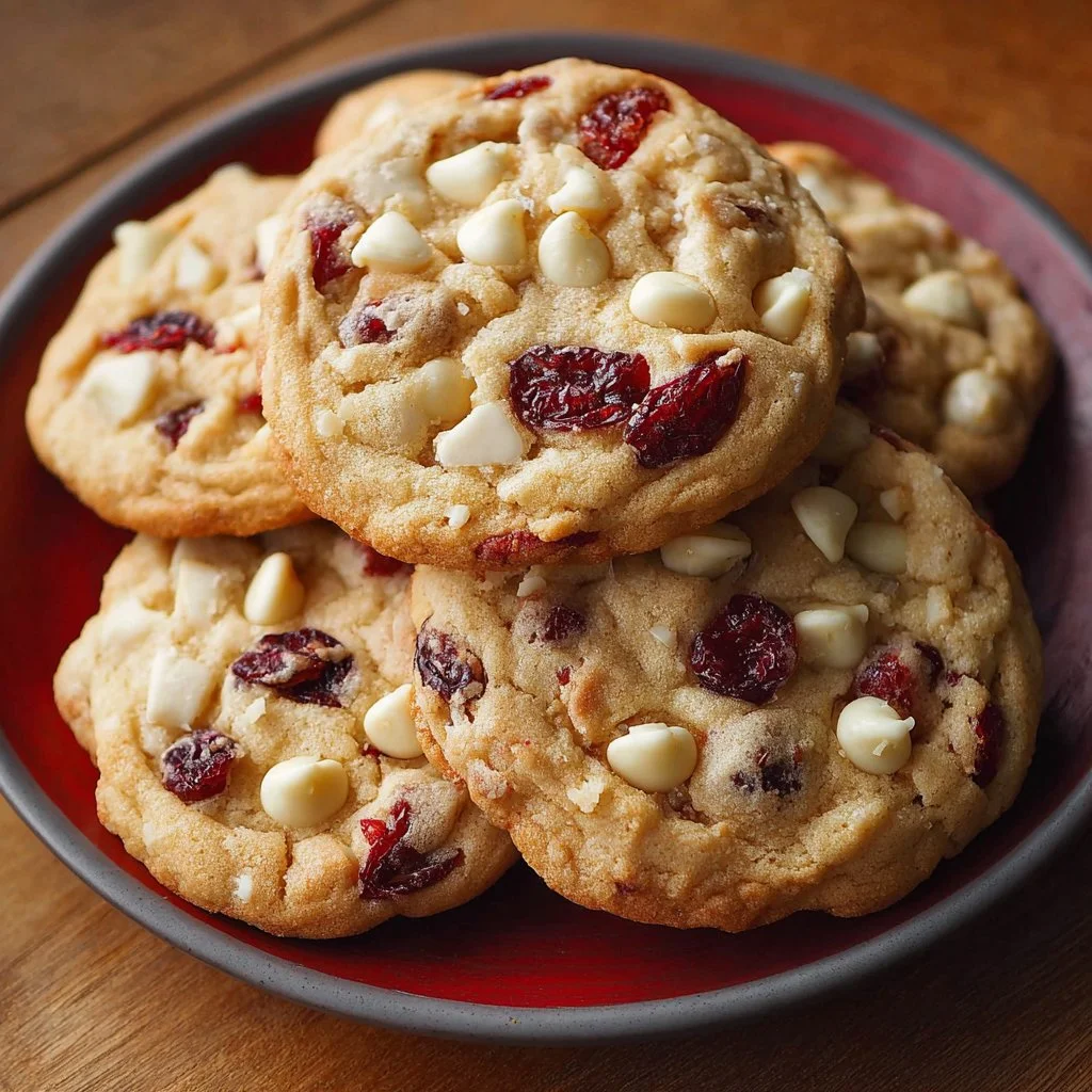 White Chocolate Cranberry Cookies Freshly baked white chocolate cranberry cookies on a cooling rack.