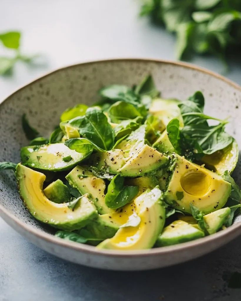 Avocado Salad Fresh avocado salad with mixed vegetables and dressing served in a bowl