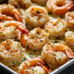 Baked Garlic Parmesan Shrimp served on a plate with herbs and spices.