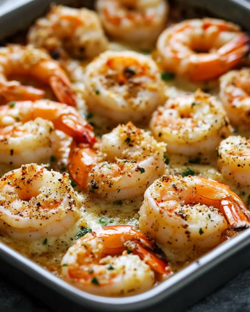 Baked Garlic Parmesan Shrimp served on a plate with herbs and spices.