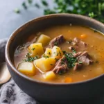 Creamy beef soup with potatoes in a bowl, perfect for comforting meals.