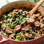 Delicious black beans and rice with sausage served in a bowl