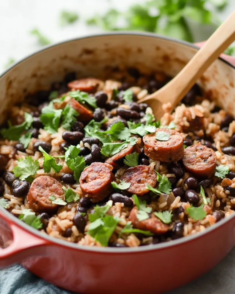 Black Beans and Rice with Sausage Delicious black beans and rice with sausage served in a bowl