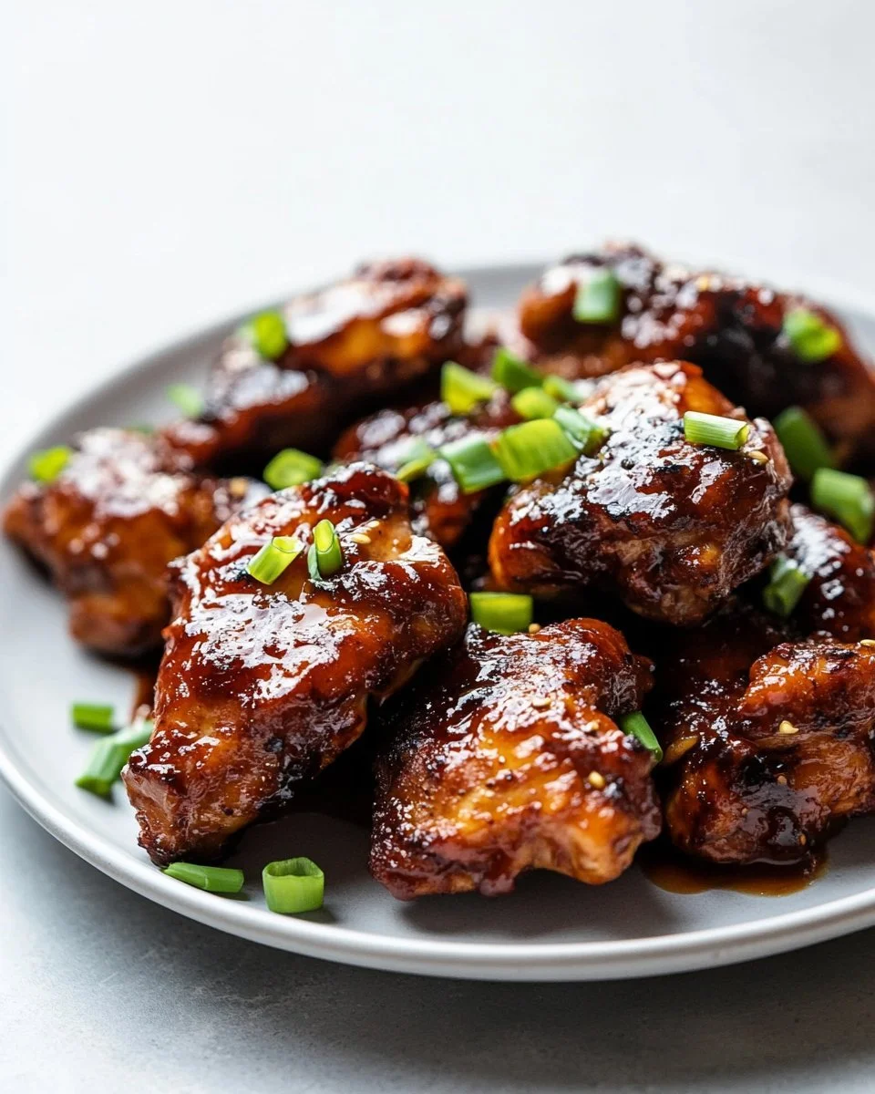 Blackstone Bourbon Chicken served hot on a plate with garnishes