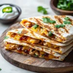 Blackstone Hot Honey BBQ Chicken Quesadillas served on a plate