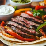 Delicious Blackstone steak fajitas sizzling on the grill.
