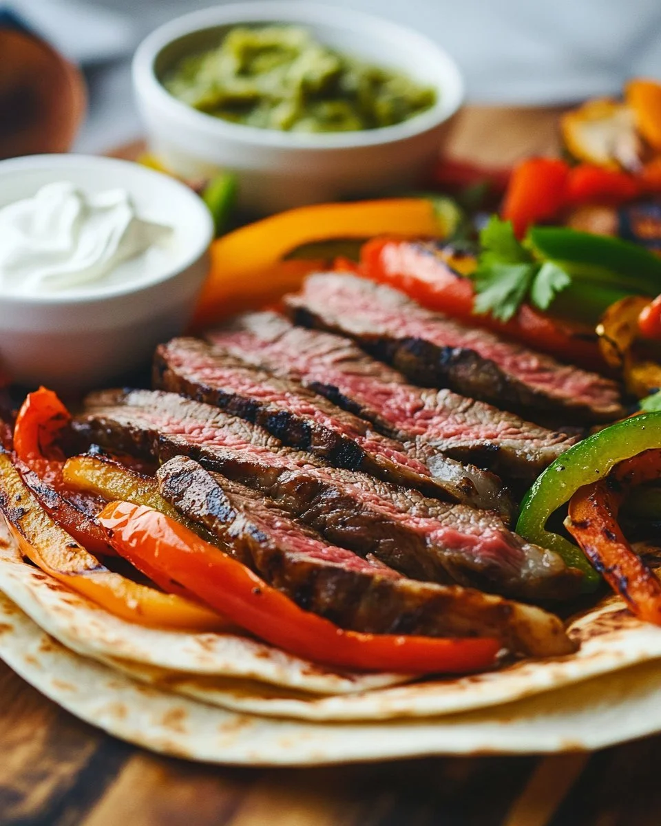 Delicious Blackstone steak fajitas sizzling on the grill.