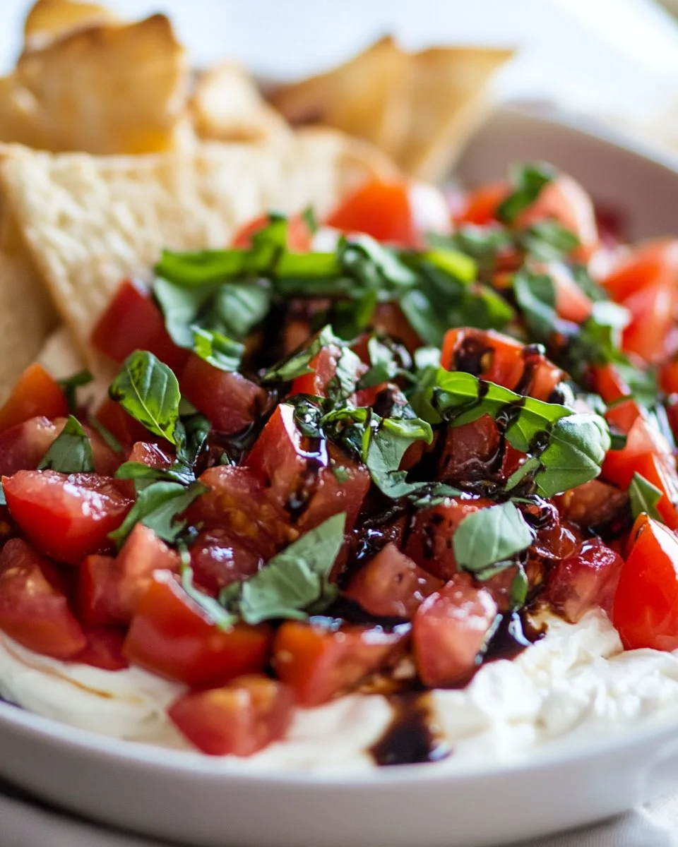 Delicious homemade bruschetta dip served with crispy bread