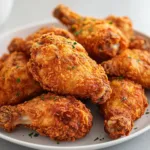 Plate of crispy buttermilk fried chicken with golden crust and garnished herbs.
