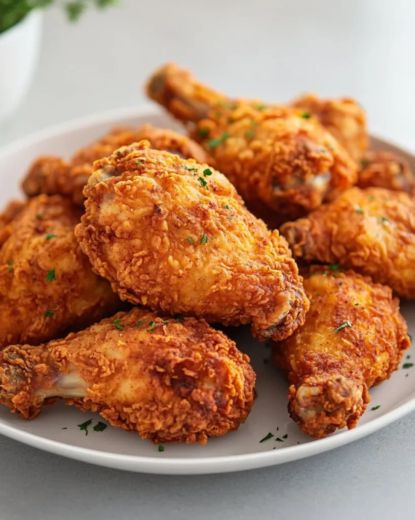 Plate of crispy buttermilk fried chicken with golden crust and garnished herbs.