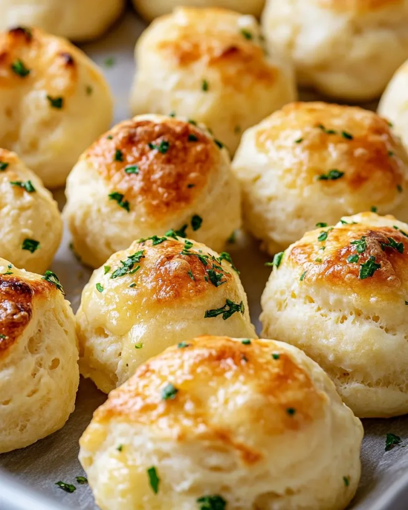 Buttery Garlic Cheese Bombs in a serving dish, topped with herbs and garlic.