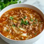 Delicious bowl of cabbage roll soup with meat and cabbage in a savory broth.