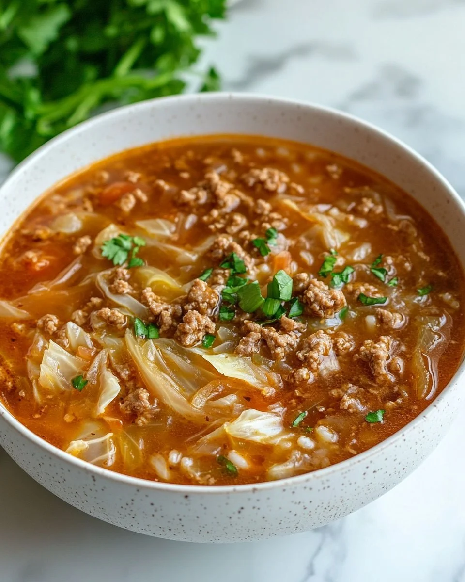 Delicious bowl of cabbage roll soup with meat and cabbage in a savory broth.