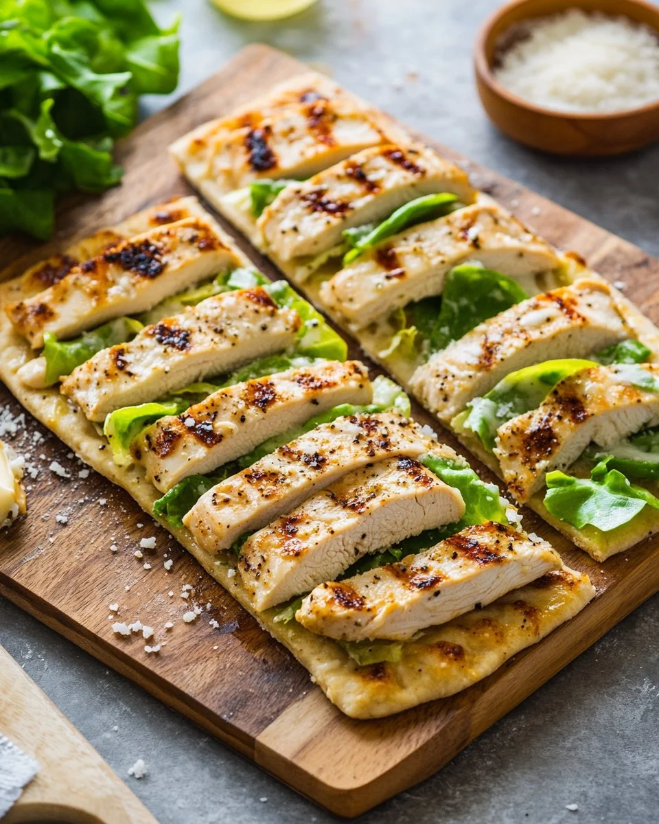 Chicken Caesar Flatbread with fresh lettuce, grilled chicken, and Caesar dressing