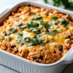 Delicious Chicken Enchilada Rice Casserole topped with cheese and herbs.