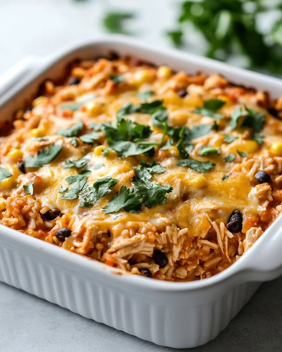 Delicious Chicken Enchilada Rice Casserole topped with cheese and herbs.