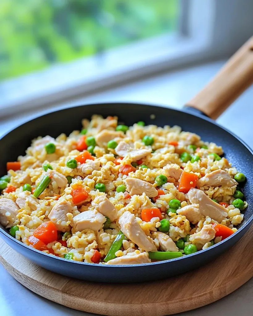 Delicious homemade Chicken Fried Rice served in a bowl with colorful vegetables.