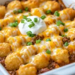 Chili Cheese Tater Tot Casserole topped with melted cheese and chili
