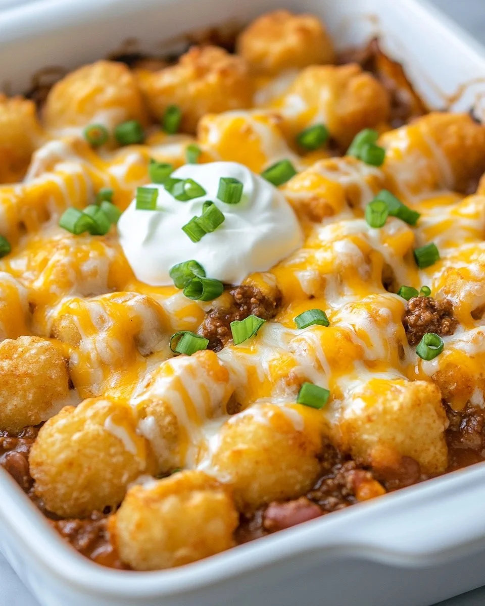 Chili Cheese Tater Tot Casserole topped with melted cheese and chili