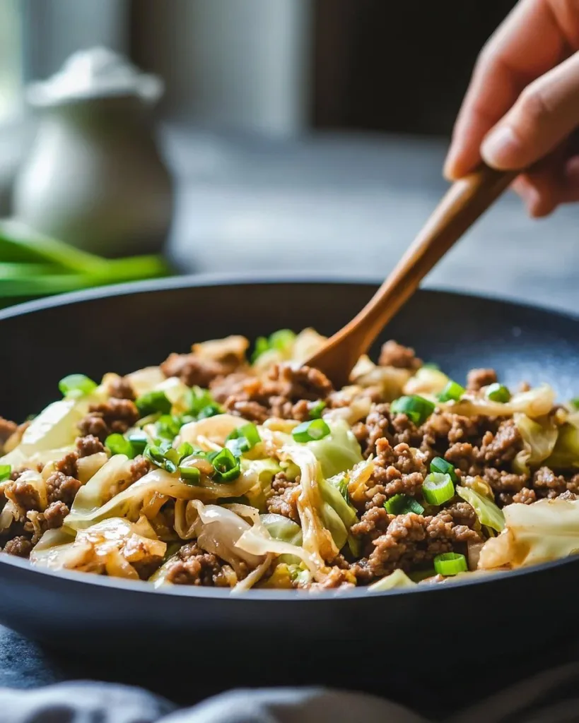 Chinese ground beef and cabbage stir-fry served in a bowl