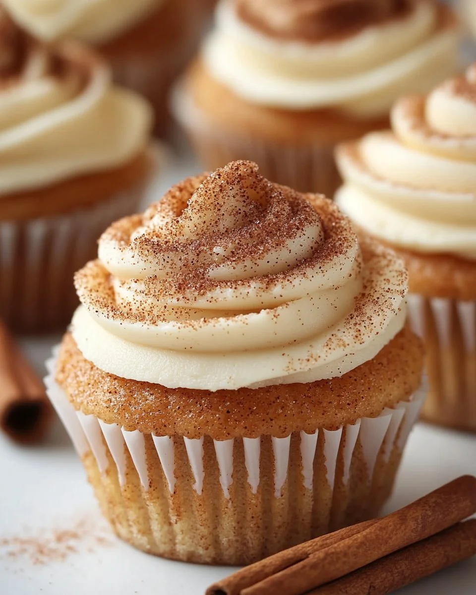 Delicious churro cupcakes topped with cinnamon sugar and frosting.
