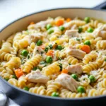Classic chicken pot pie pasta served in a bowl, showcasing creamy filling and pasta.