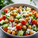 Cottage Cheese and Chickpea Salad served in a bowl with fresh vegetables.