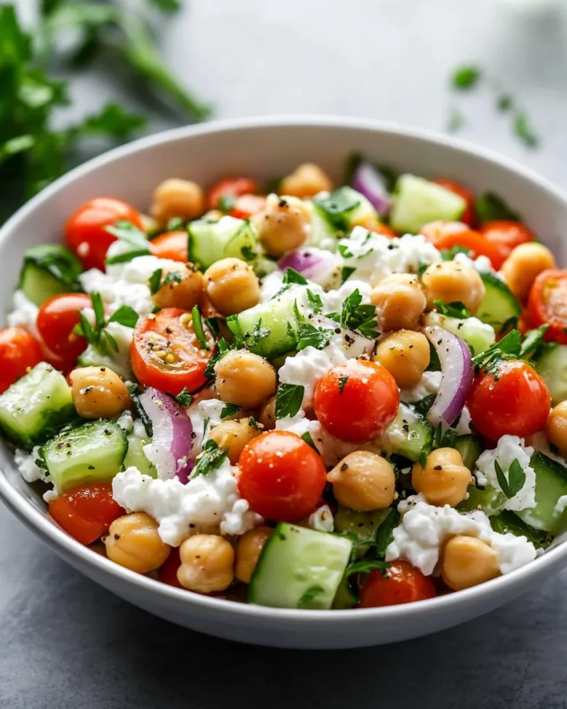 Cottage Cheese and Chickpea Salad Cottage Cheese and Chickpea Salad served in a bowl with fresh vegetables.
