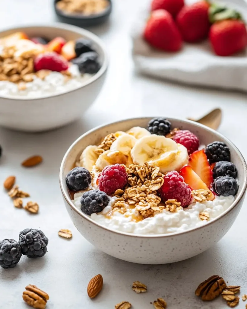 Cottage cheese breakfast bowl topped with fruits and nuts for a healthy meal