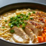 Creamy Garlic Chicken Ramen in a bowl with fresh herbs and toppings