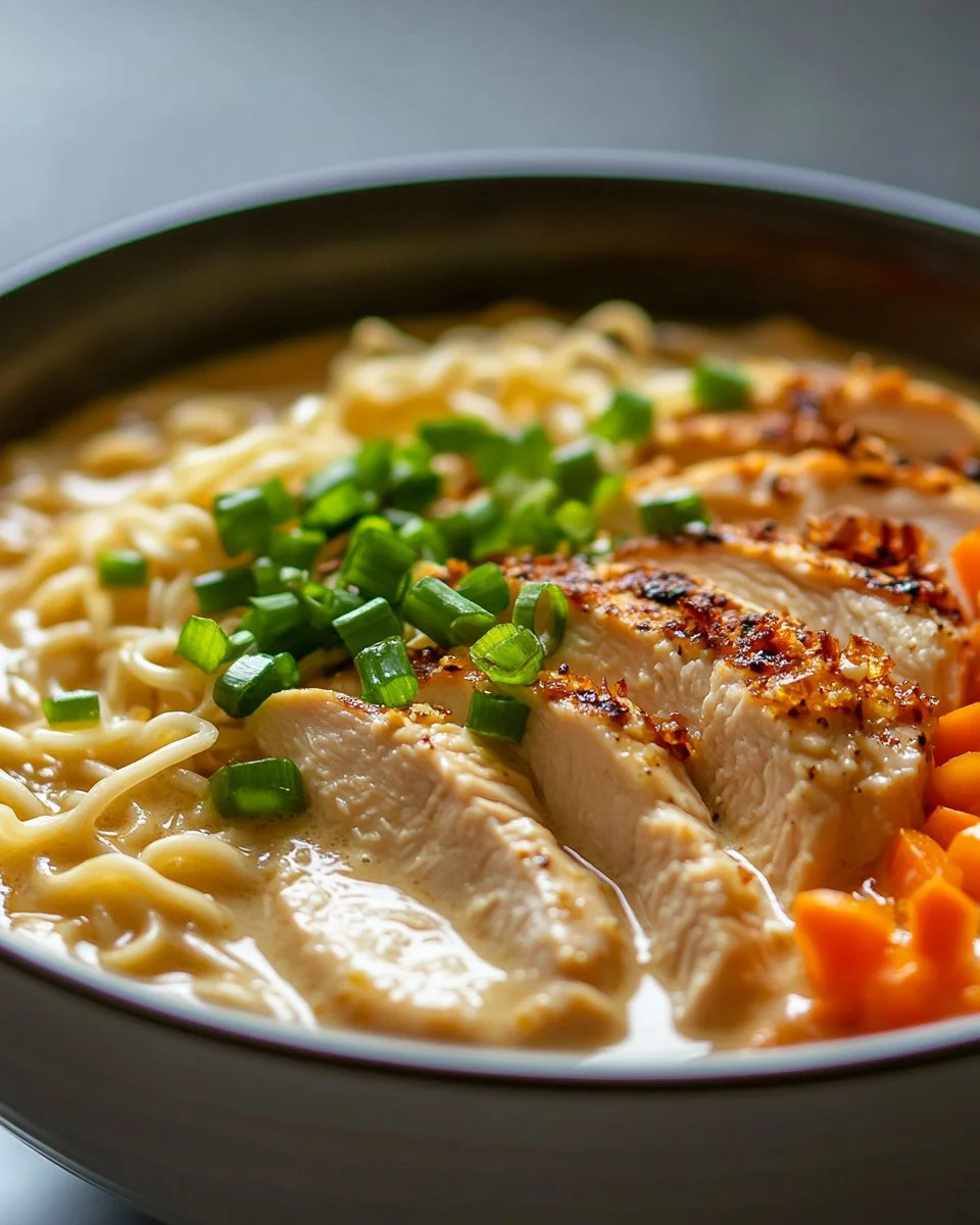 Creamy Garlic Chicken Ramen in a bowl with fresh herbs and toppings